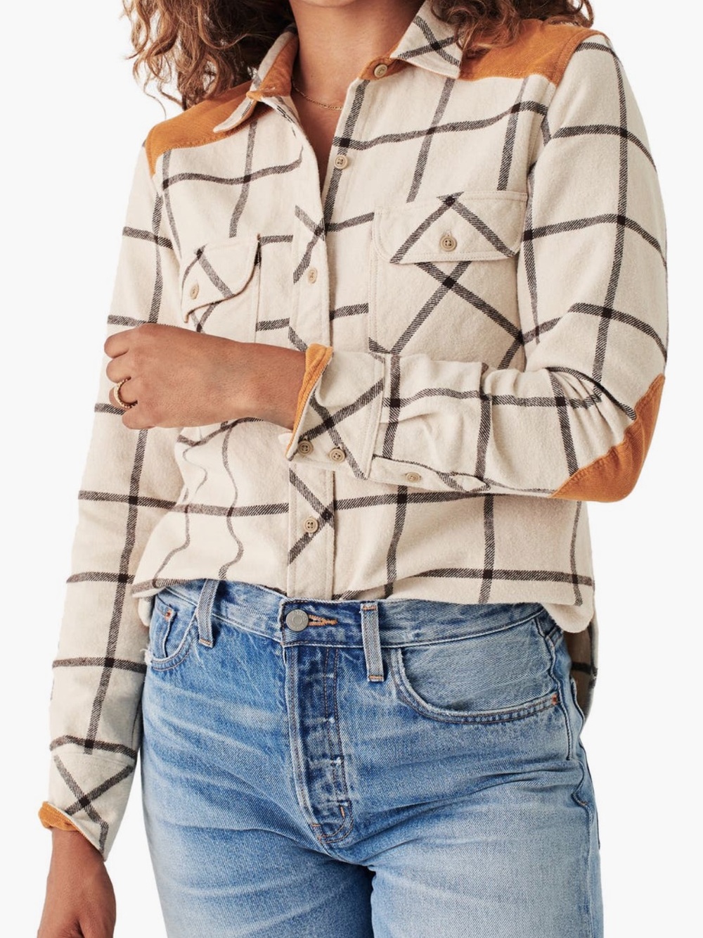 Faherty Daly Shirt Flannel Olivia Plaid Corduroy Elbow Patches Womens S $178